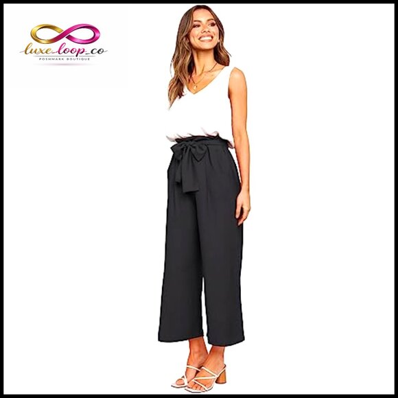 2 Piece Set V Neck Tank Top High Waisted Cropped Paper Bag Pants - Picture 2 of 6